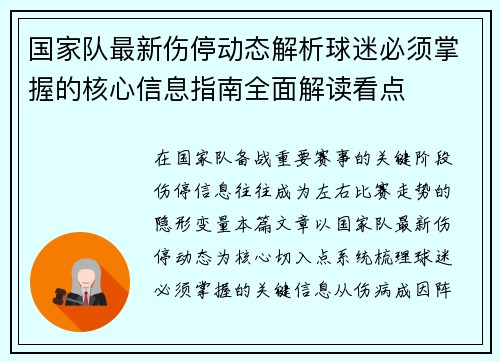 国家队最新伤停动态解析球迷必须掌握的核心信息指南全面解读看点